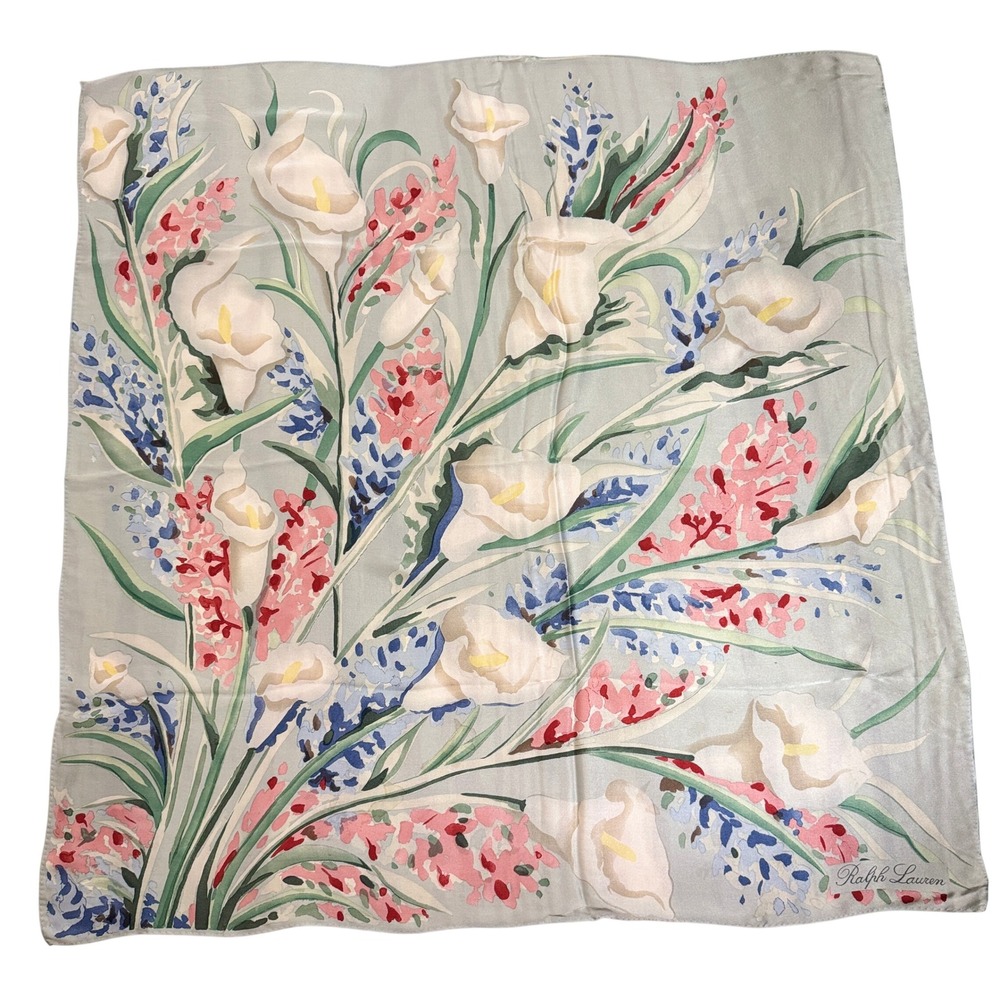Vintage Ralph Lauren Women Gray Floral Silk Scarf 35"